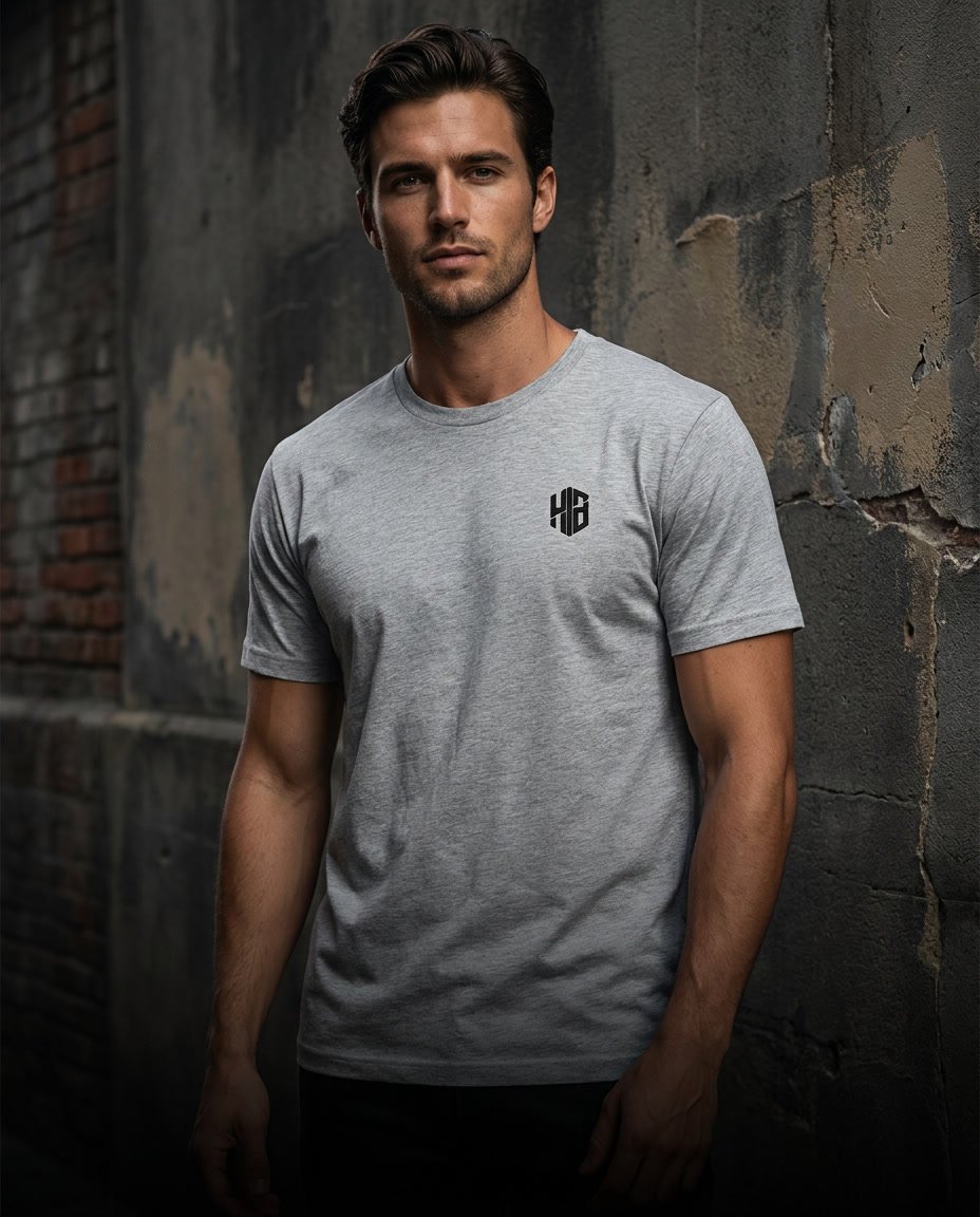 Male model wearing a grey HELVEN BOR embroidered t-shirt in an urban streetwear setting