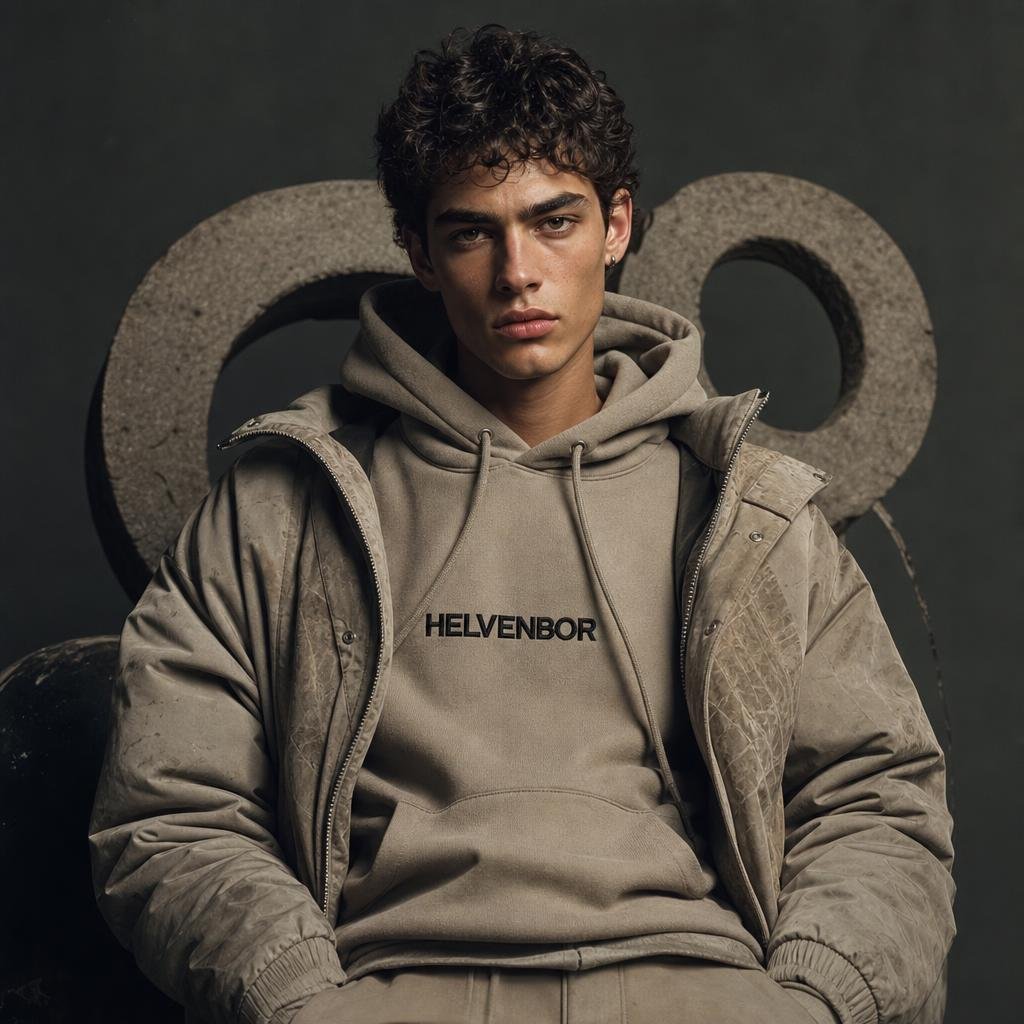 Male model wearing a HELVEN BOR hoodie in a premium urban setting