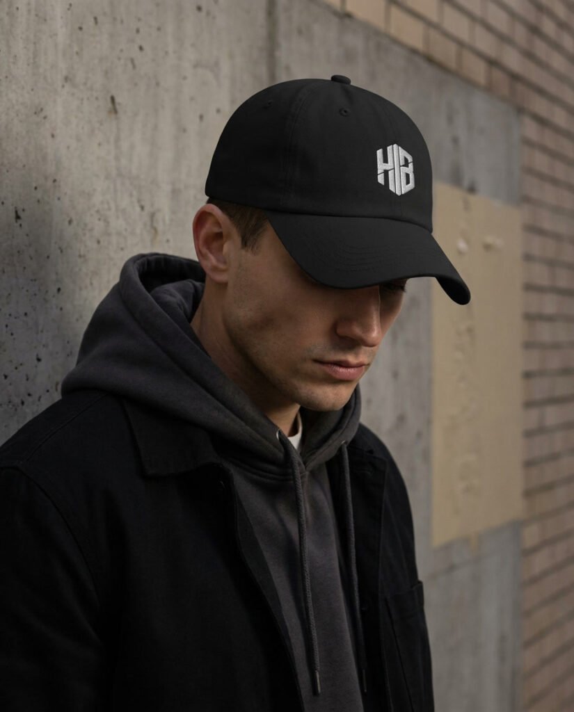 Male model wearing a black HELVEN BOR embroidered cap in an urban streetwear setting