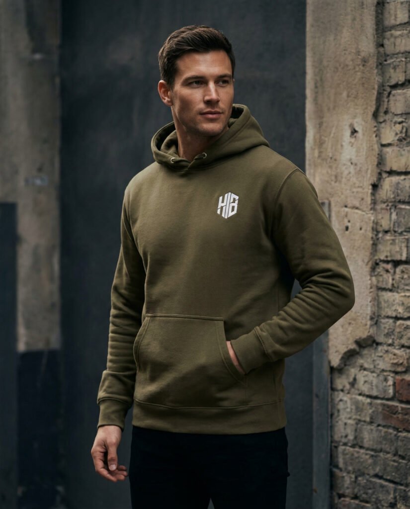 Male model wearing a military green HELVEN BOR embroidered hoodie in an urban streetwear setting