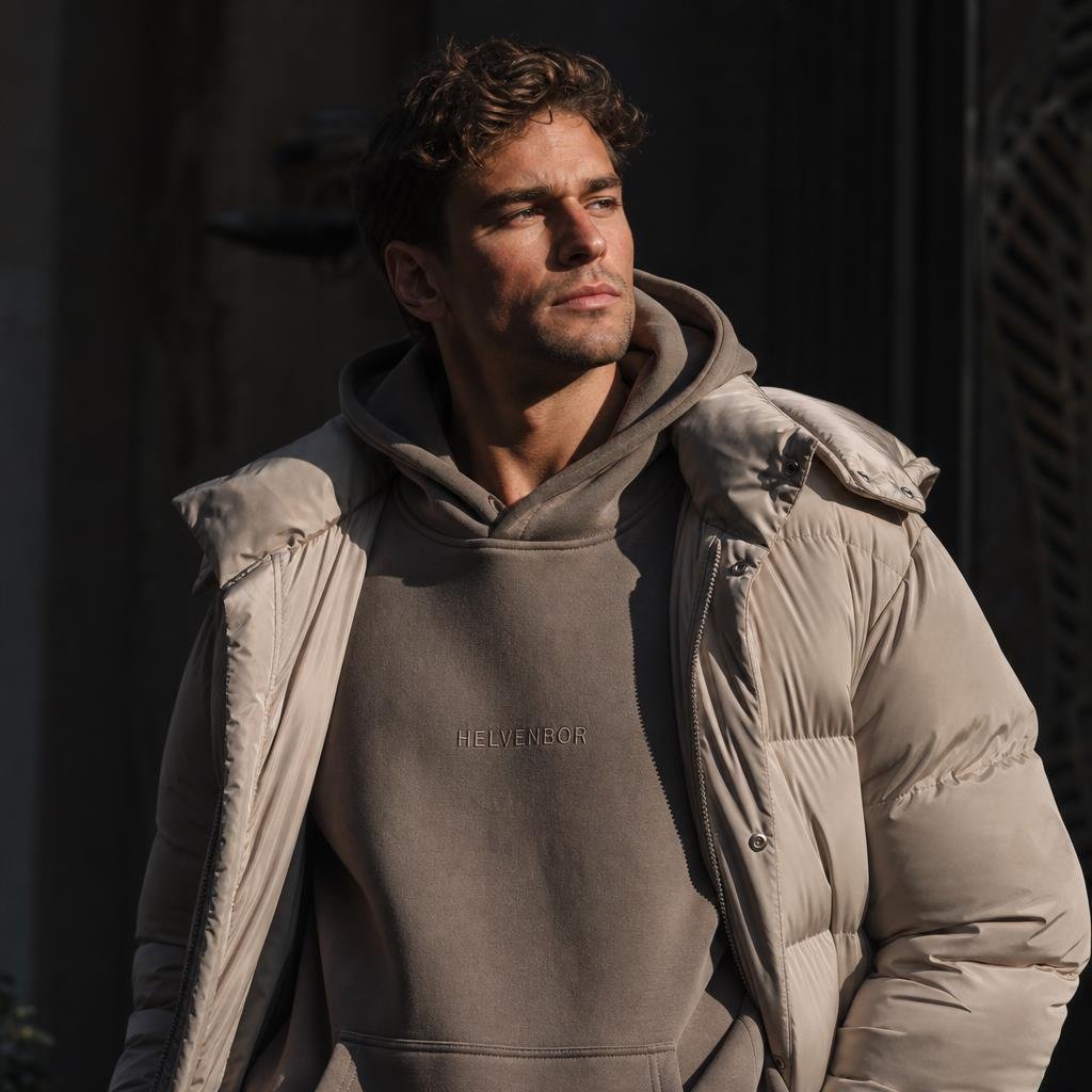Male model wearing a HELVEN BOR hoodie in a premium dark streetwear setting